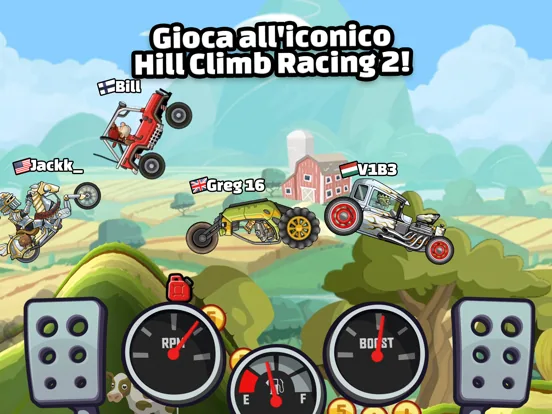 Schermata di gioco con veicoli in gara su una collina